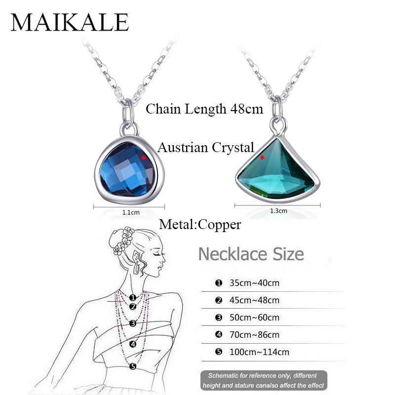 MAIKALE 48 СМ Круглая/Треугольная Подвеска Серебряное ожерелье синие/зеленые Австрийские ожерелья с кристаллами подвески для женщин ювелирные изделия подарки для девочек