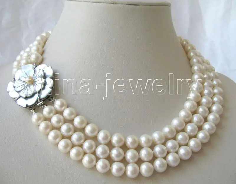 

P3398- AAA 3row 17-19" 9mm natural white & black round freshwater pearl necklace >>> free shipping