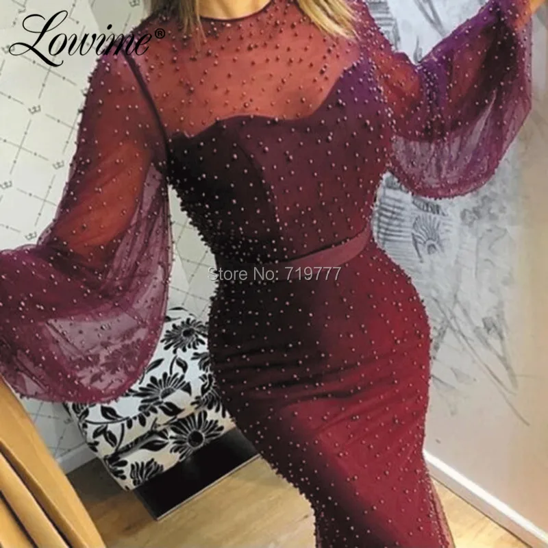 Illusion Pearls Beaded Arabic Evening Dress Dubai Design Puffy Sleeves Mermaid Party Robe De Doiree 2019 Prom Gown Formal | Свадьбы и