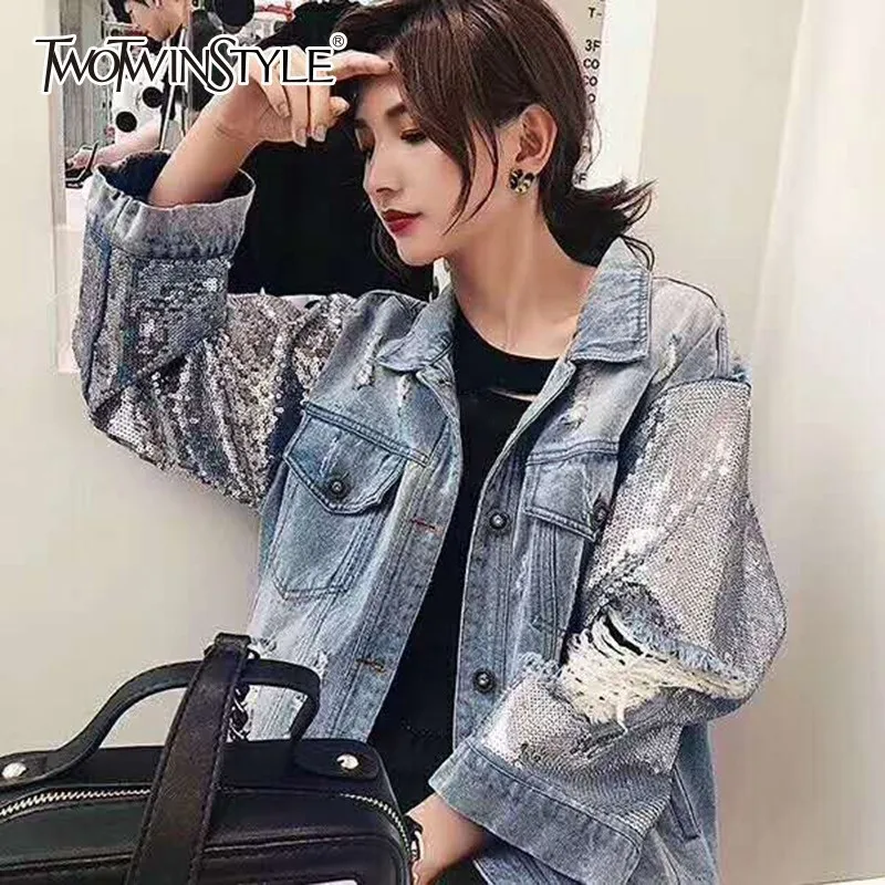 TWOTWINSTYLE женские джинсовые пальто с рваными дырами отворотом длинным рукавом