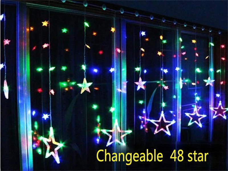 Colorful 48 Star 4 м Рождественские огни AC 220 В с дистанционным управлением, романтическая сказочная звезда, СВЕТОДИОДНЫЙ занавес, гирлянда для праздника, свадьбы, вечерние гирлянды, украшения - Испускаемый цвет: Colorful 48 Star