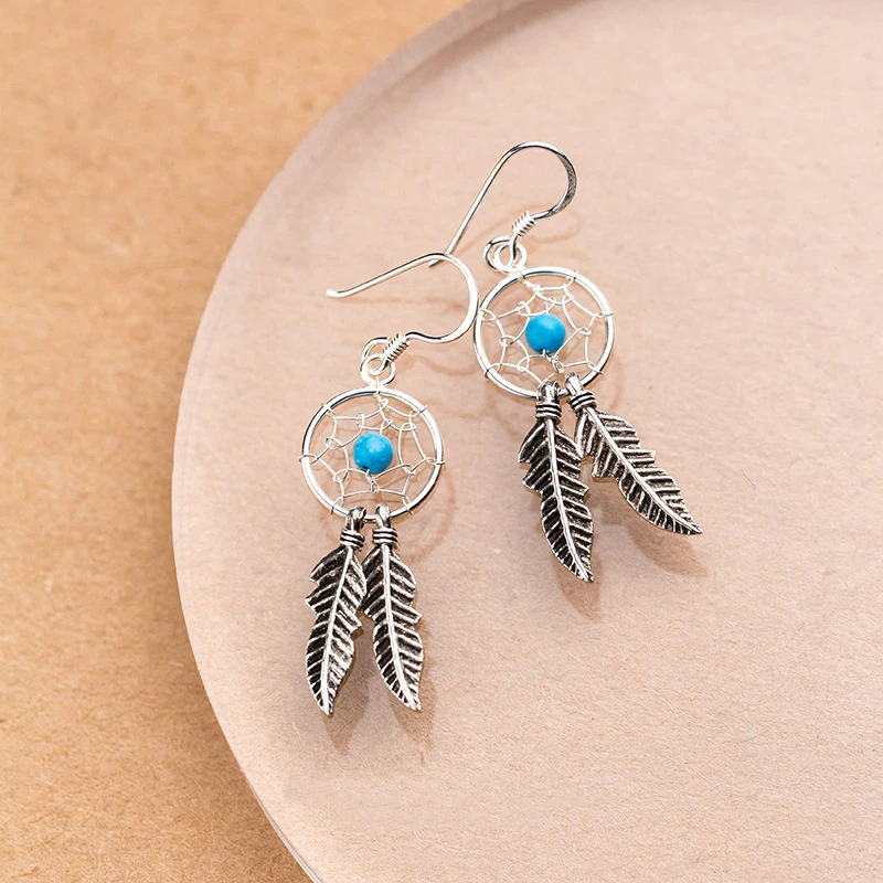 

MloveAcc Handmade Hollow Dreamcatcher Feather Drop Earrings 100% 925 Sterling Silver Earrings for Women Fashion Jewelry