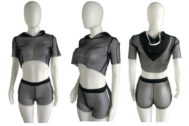 Комплект из 2 предметов для женщин Бикини Cover Up Sexy Mesh толстовка с коротким рукавом укороченный топ и шорты купальник Cover-ups пляжная одежда купальный костюм