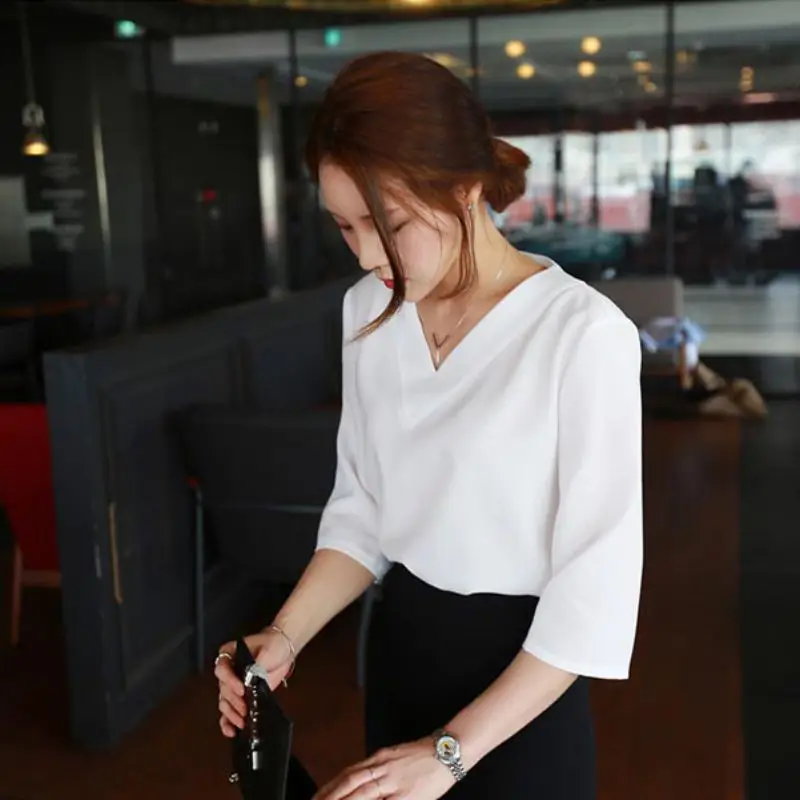 

Summer Women V-neck Chiffon Blouse Office Ladies Top Work Shirts Solid S-XL