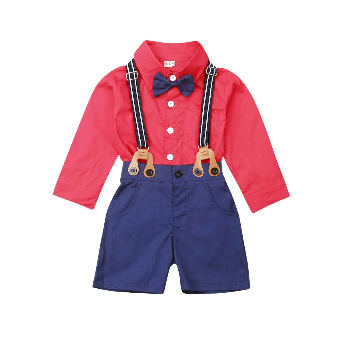 Handsome Kids Boy Suspender Outfit Gentleman Clothes 2 Piece Set Red Bowtie Long Sleeve Shirts +Blue Bib Shorts | Детская одежда и