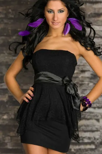 Mini Dress Club Wear Night Party Evening Adult Outfit Sexy Lingerie Black Lace Outer Backless with Bowknot Belt(N230) | Женская одежда