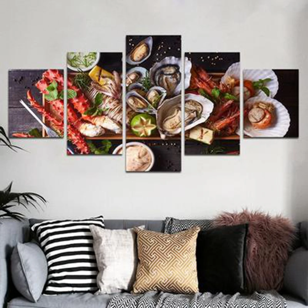Морской Еда мил 5 штук свежей устрицы Омаров Wall Art модульные картинки для
