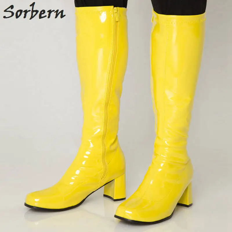 Yellow Shiny Sorbern сапоги до колена унисекс в стиле ретро с квадратным носком; женские сапоги из блестящей искусственной кожи на низком квадратном каблуке в стиле «Gogo»; большие размеры 36-46; цвета на заказ - Цвет: Yellow Shiny