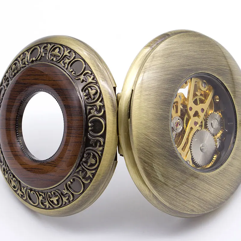 Bronze Mechanical Pocket Watch Solid Wood FOB Chain Roman Dial Hollow Steampunk Skeleton Mens Womens Clock Watches PJX1396