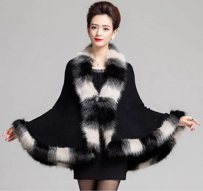 Faux Fox Fur Mixed color Poncho Coat Autumn Winter Fashion Knitted Cardigan Wool Cashmere Sweater Womens Capes and Ponchoes MY27 |