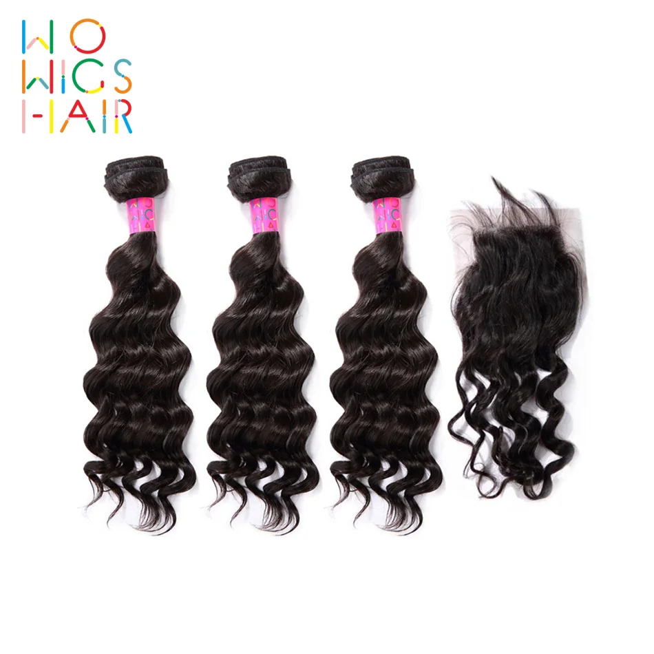 WoWigs Hair Indian Remy Deep Wave 3 Bundles Deal With Top Lace Closure / Frontal Natural Color 1B | Шиньоны и парики