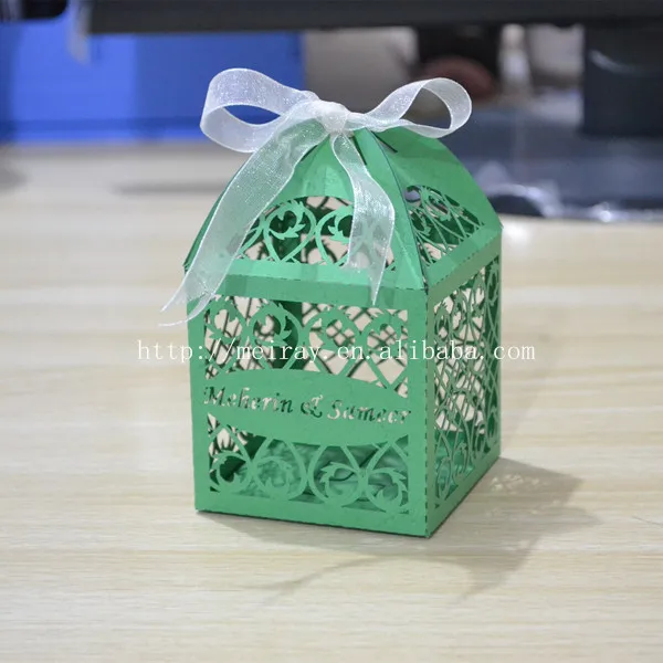 

laser cut wedding green candy boxes,grass green wedding favor boxes