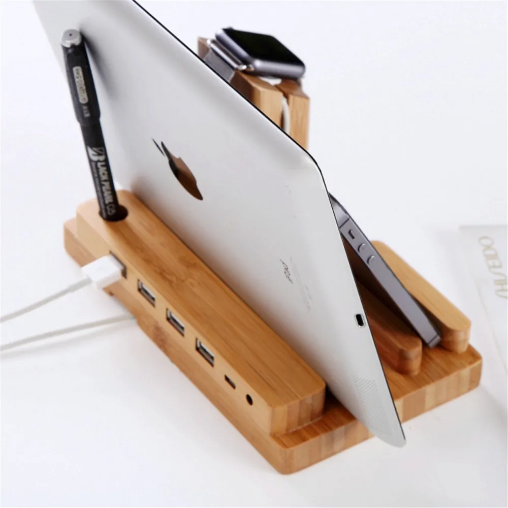 Зарядная док станция для Apple Watch/iPhone/iPad/iWatch 4 USB порт деревянный кронштейн
