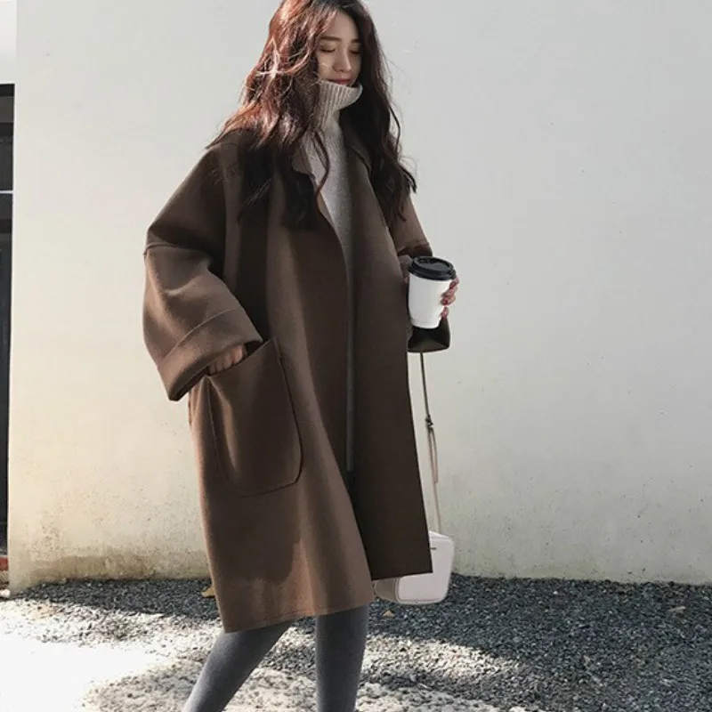 Женское длинное кашемировое пальто Свободное шерстяная Верхняя одежда для осени