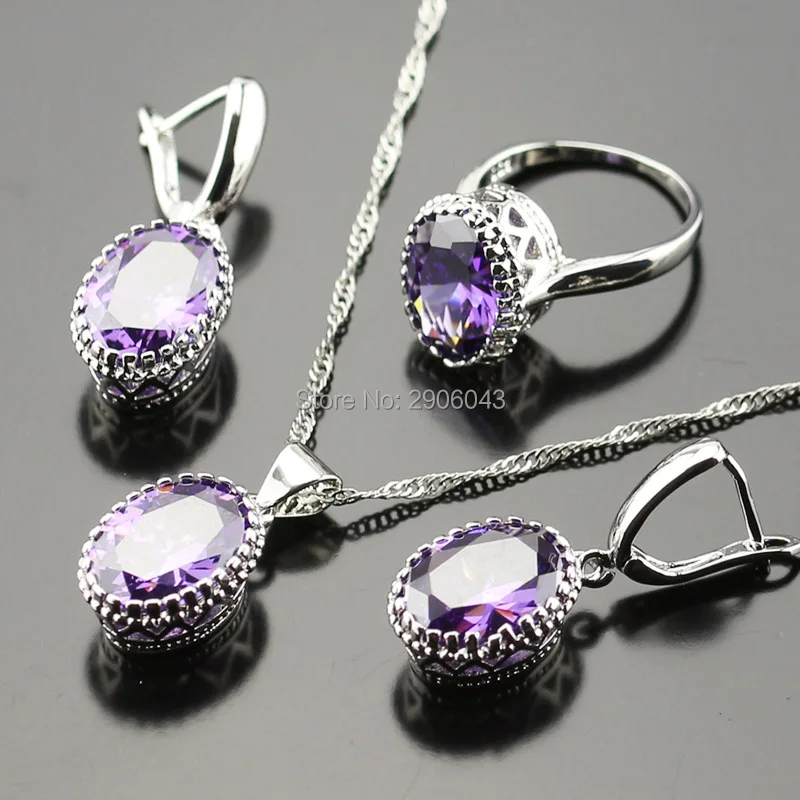 Exquisite Silver Color Jewelry Sets For Women Purple zircon Necklace/Earrings/Ring/Bracelet Crystal Set Bjs02-002-02 | Украшения и