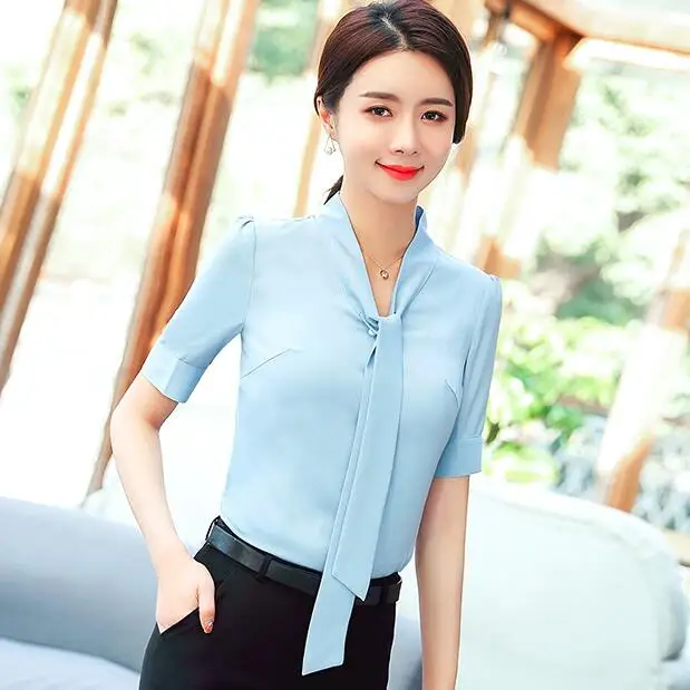 Short sleeve skyblue Новые Модные Элегантные женские блузки с длинным рукавом и галстуком-бабочкой, шифоновая блузка для офиса, для девушек, Формальные Топы размера плюс, блузы - Цвет: Short sleeve skyblue