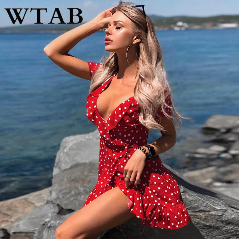 Женское платье с оборками WTAB повседневное облегающее в горошек v-образным