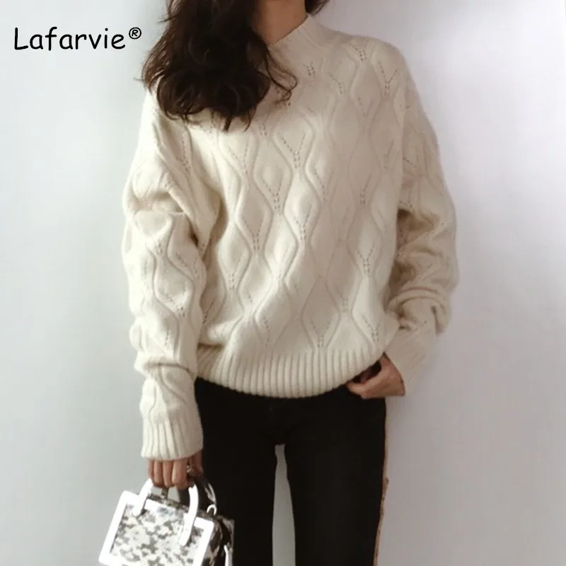 white Lafarvie вязаный свитер из смеси на основе кашемира для женщин осень зима водолазка полый пуловер женский Аргайл узор свободный свитер - Цвет: white