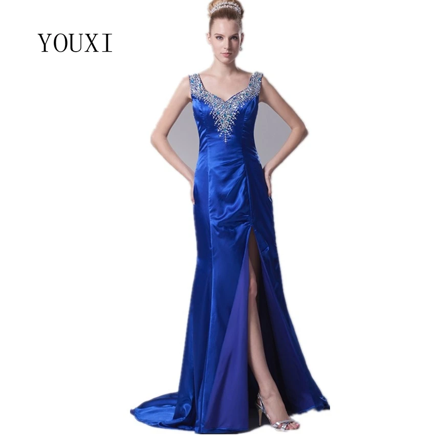 

Elegant Royal Blue Mother of the Bride Dresses 2019 New Arrivals Sexy Side Slit Mermaid Formal Evening Gowns