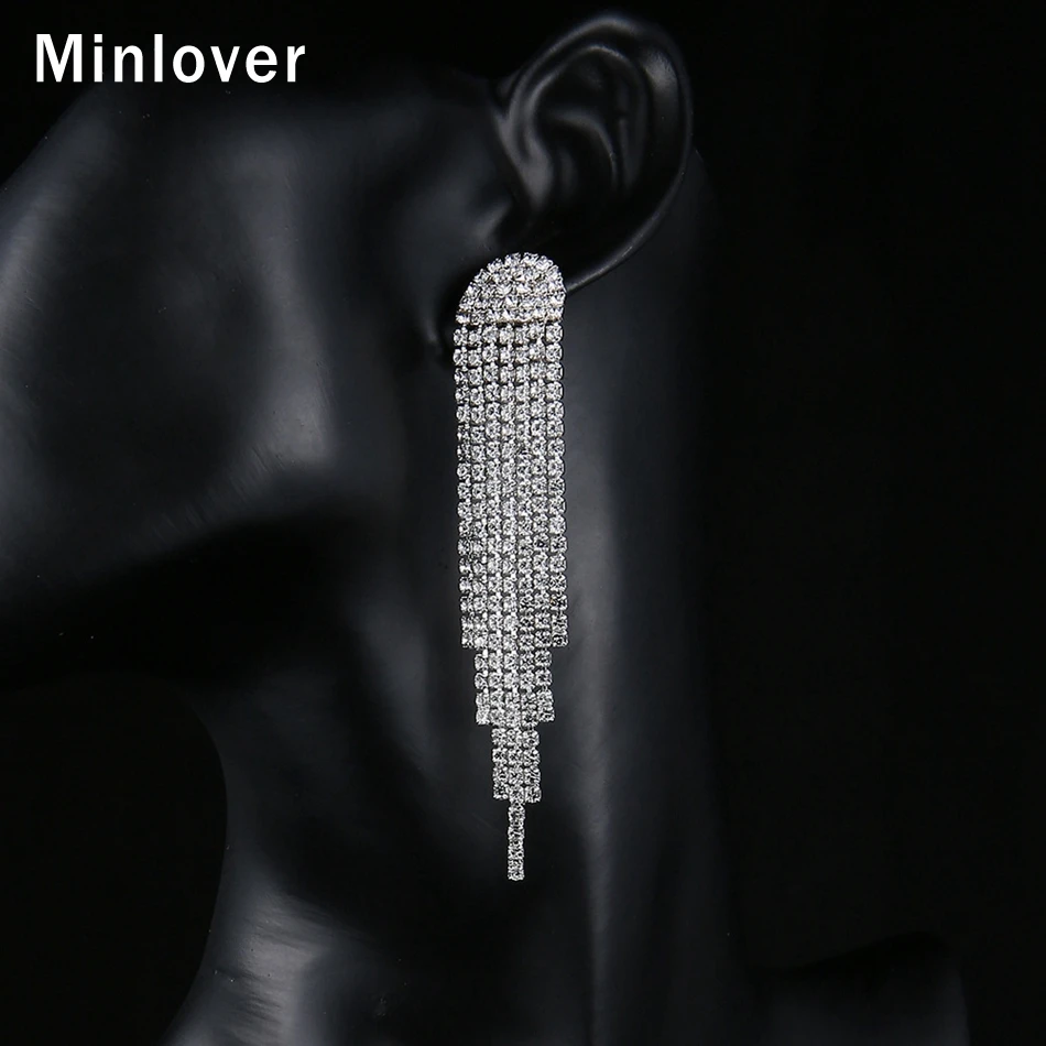 Minlover, серебряный цвет, кристалл, Длинная кисточка, висячие серьги для женщин, стразы, серьги для невесты, свадебные ювелирные изделия MEH1423