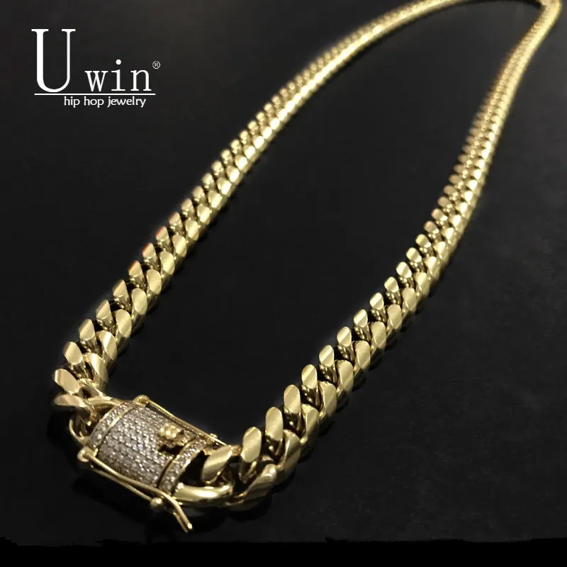 UWIN-collar de eslabones cubanos de acero inoxidable para hombre, Gargantilla con diamantes de imitación, color dorado y plateado, estilo Hip hop, de 10mm, 76cm
