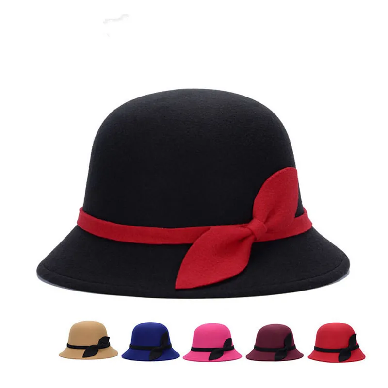 Новинка, 7 цветов, женская шляпа с бантом, Шляпа Fedora, раковина из купола, шерстяная шляпа, Женская тканевая шапка для бассейна