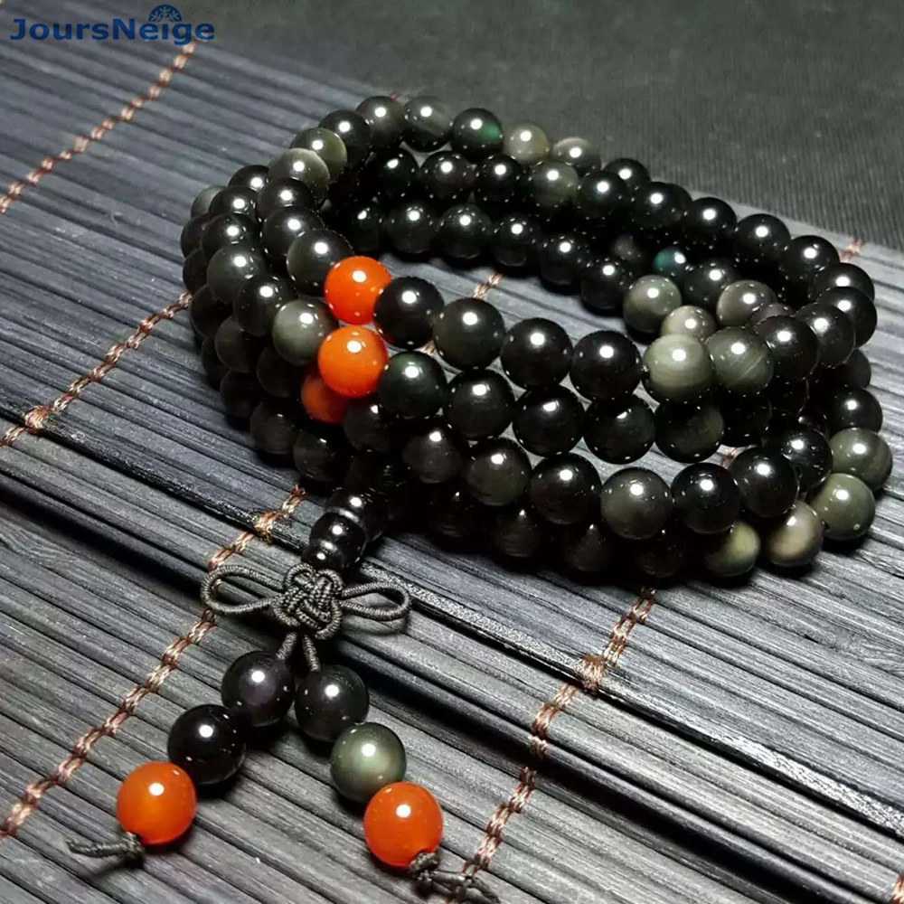 Черный обсидиан натуральный камень браслеты 108 Будда Бусы Ожерелье