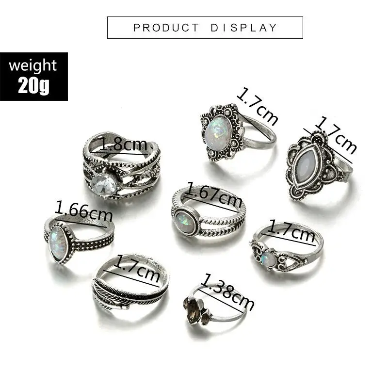 SexeMara Boho Stylish Silver Color White Colorful Opal Knuckle Midi Ring Set for Women Metal Leaf Carving Finger Rings 8pcs/set | Украшения