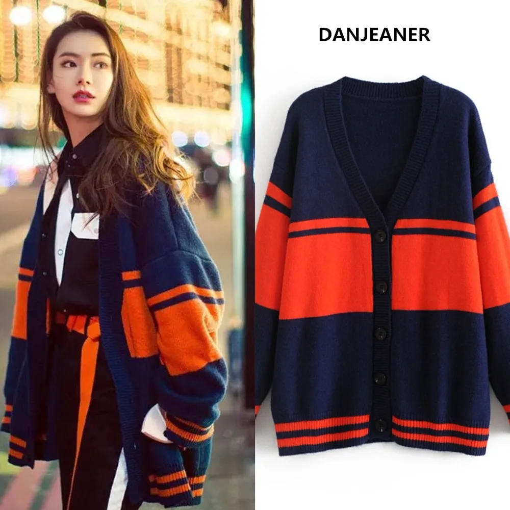 

Danjeaner BF Style Loose Long Sleeve Knitted Sweaters Same Designs as Super Stars Long Cardigan V neck Single Breasted Knitwear