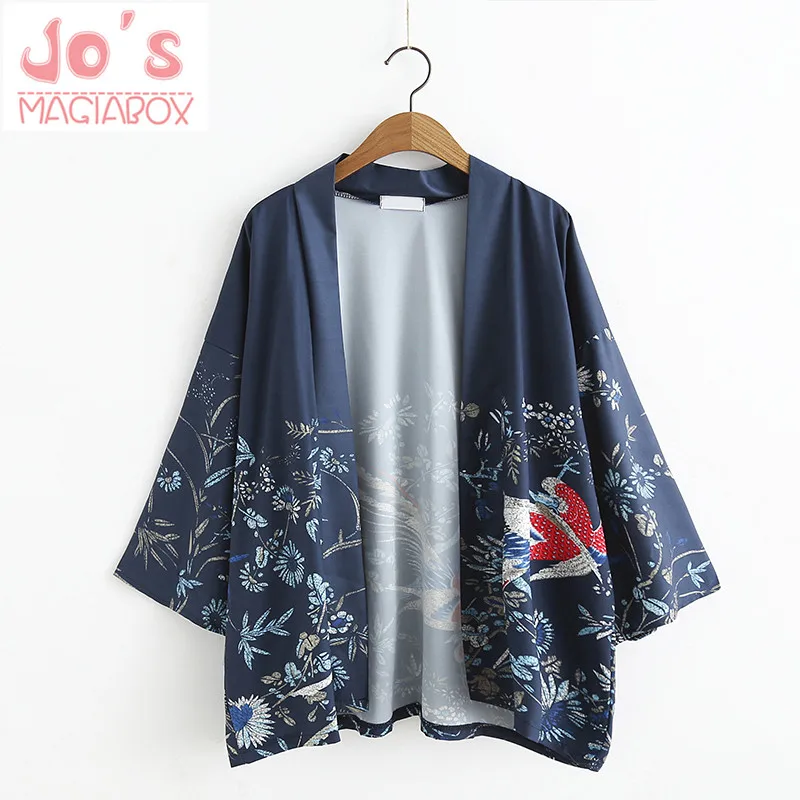 Японское кимоно с принтом птиц Феникса кардиган женская блузка рубашка в стиле