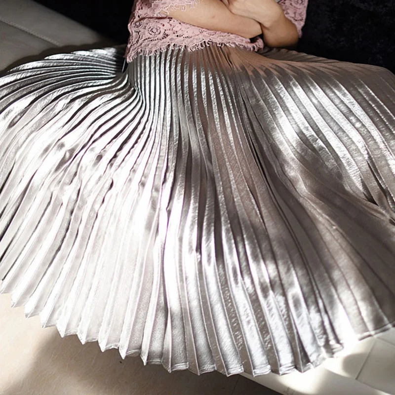 2017 Новый Женщины Плиссированные Нижней Расширение Металл Цвет Бюст Юбка Рябить