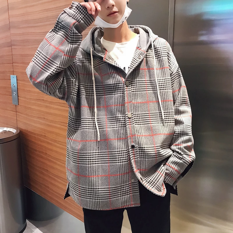 2018 Новая мода Городской Серый мозаичный решетки мужская куртка с капюшоном