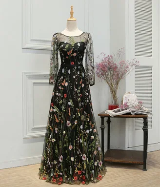 Black O-neck Ladybeauty/Коллекция года; вечернее платье черного цвета со шнуровкой на спине и цветами; вечернее платье с длинными рукавами и вышивкой; вечерние платья; Robe De Soiree - Цвет: Black O-neck