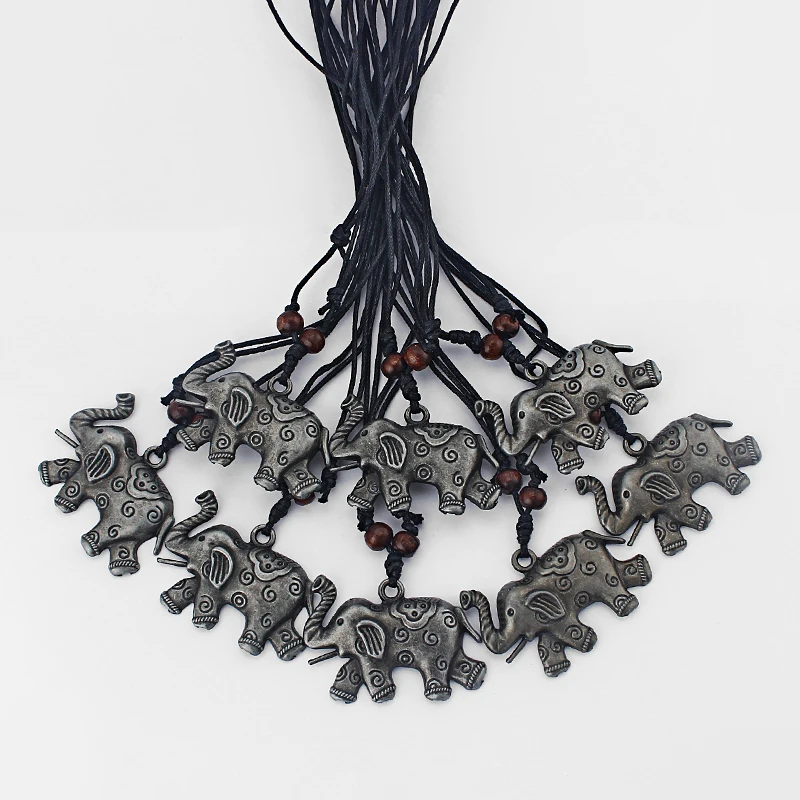 

12 pcs Wax Cotton Cord Gunmetal Zinc Alloy Elephant Pendant Adjustable Necklace Fashion New Jewelry