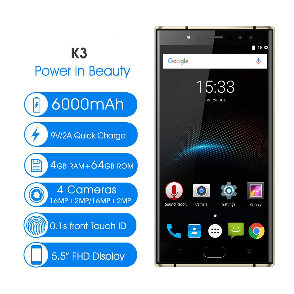 Oukitel K3 мобильного телефона MT6750T Octa core 4 ГБ + 64 5.5 &quotдвойной 2.5D Экран 6000 мАч камеры 16MP
