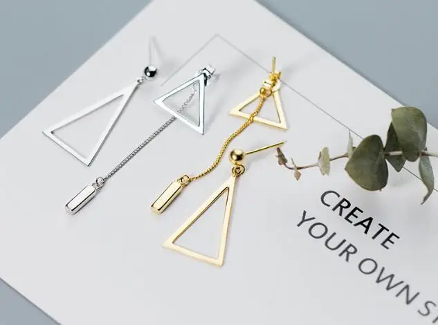 asymmetry Earrings Authentic Real 100% 925 Sterling Silver fine Jewelry hollow Triangle &ampStraight Bar Long GTLE2529 | Украшения и