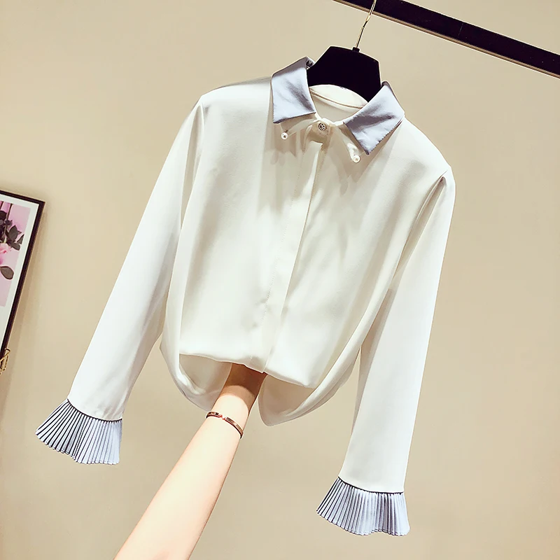 

MUMUZI Women Blouses 2019 Fashion Long Sleeve Turn Down Collar Office Shirt Chiffon Blouse Shirt Casual Tops Plus Size Blusas