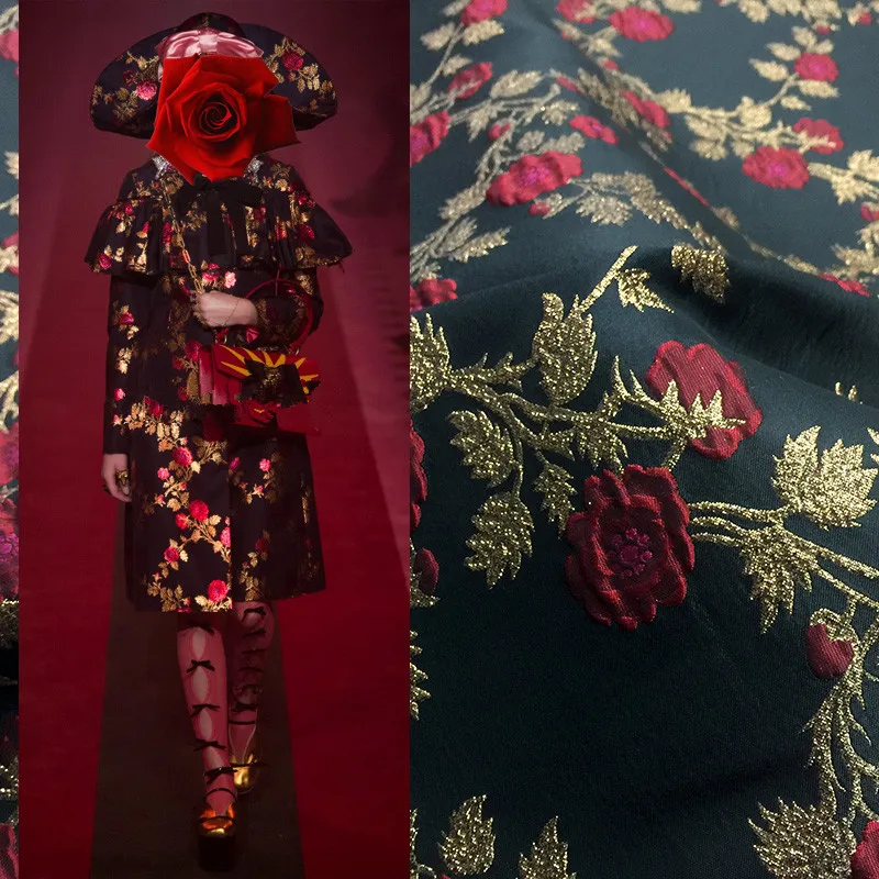 

1Meter Brocade Jacquard Fabric 61" Gold Red Flower Polyester Material Sewing Dress Clothes Coats Patchwork Diy Black 353g/m