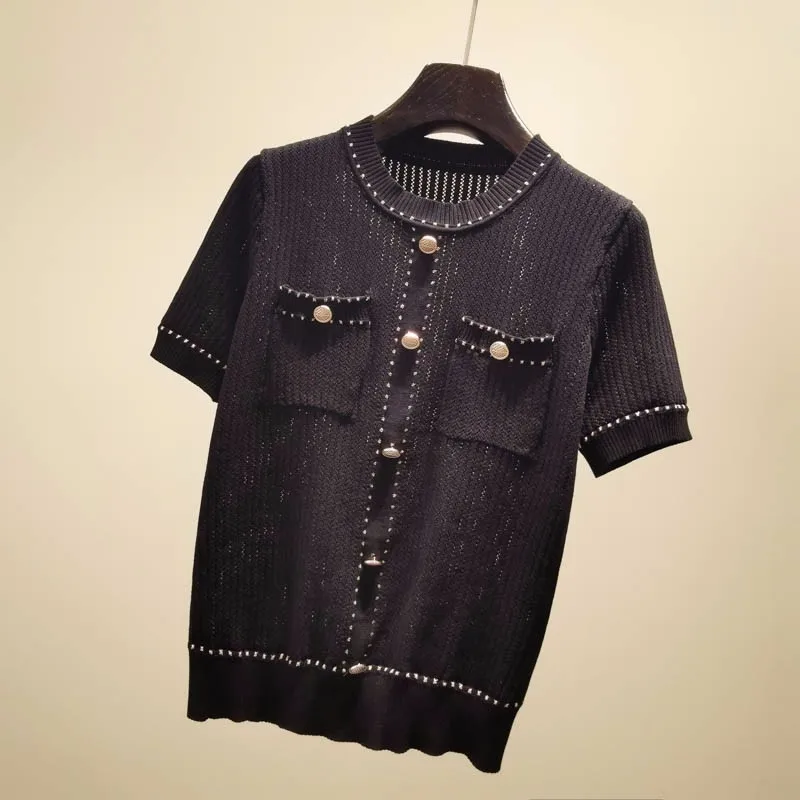 

Korean elegant short sleeve sweater women thin knitted pullover Hollow out patchwork sweaters white summer top 2020 new arrival