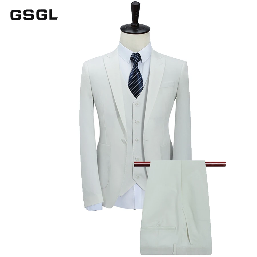 100% Polyester Suits Men Slim Fit 3 Piece Business Wedding Suits Men Khaki Tuxedo Jacket Brand Mens Formal Suit (Jacket+Pants+Ve