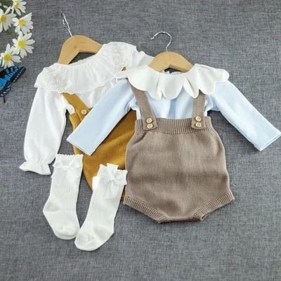 

Baby Boy Girl Clothes Cotton Jumpsuits Tall Waist Overalls Baby Knitting Rompers Cute Sleeveless Clothing Four Color
