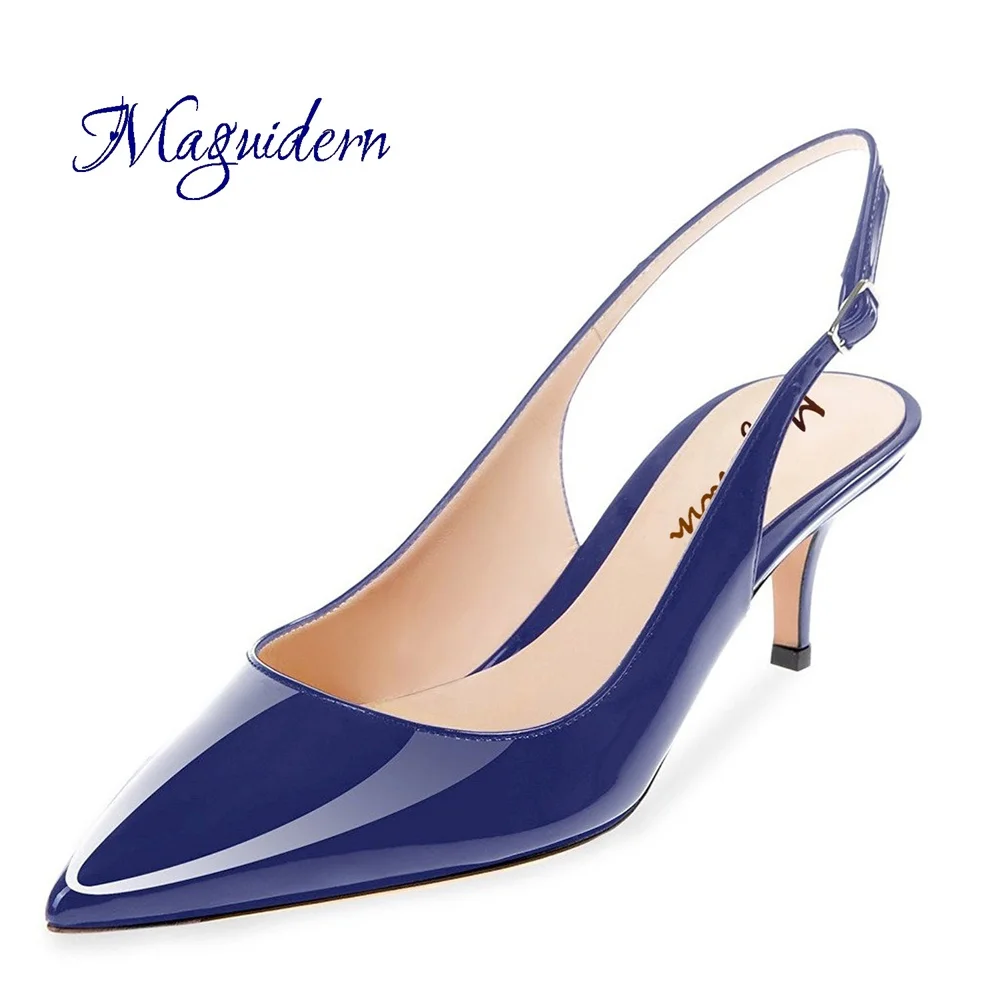 Navy blue Maguidern Туфли на каблуке-рюмочке хлопкового денима и Лакированная кожа острый носок Slingback лодыжки из металла Туфли с ремешком и пряжкой сандалей на низком каблуке - Цвет: Navy blue