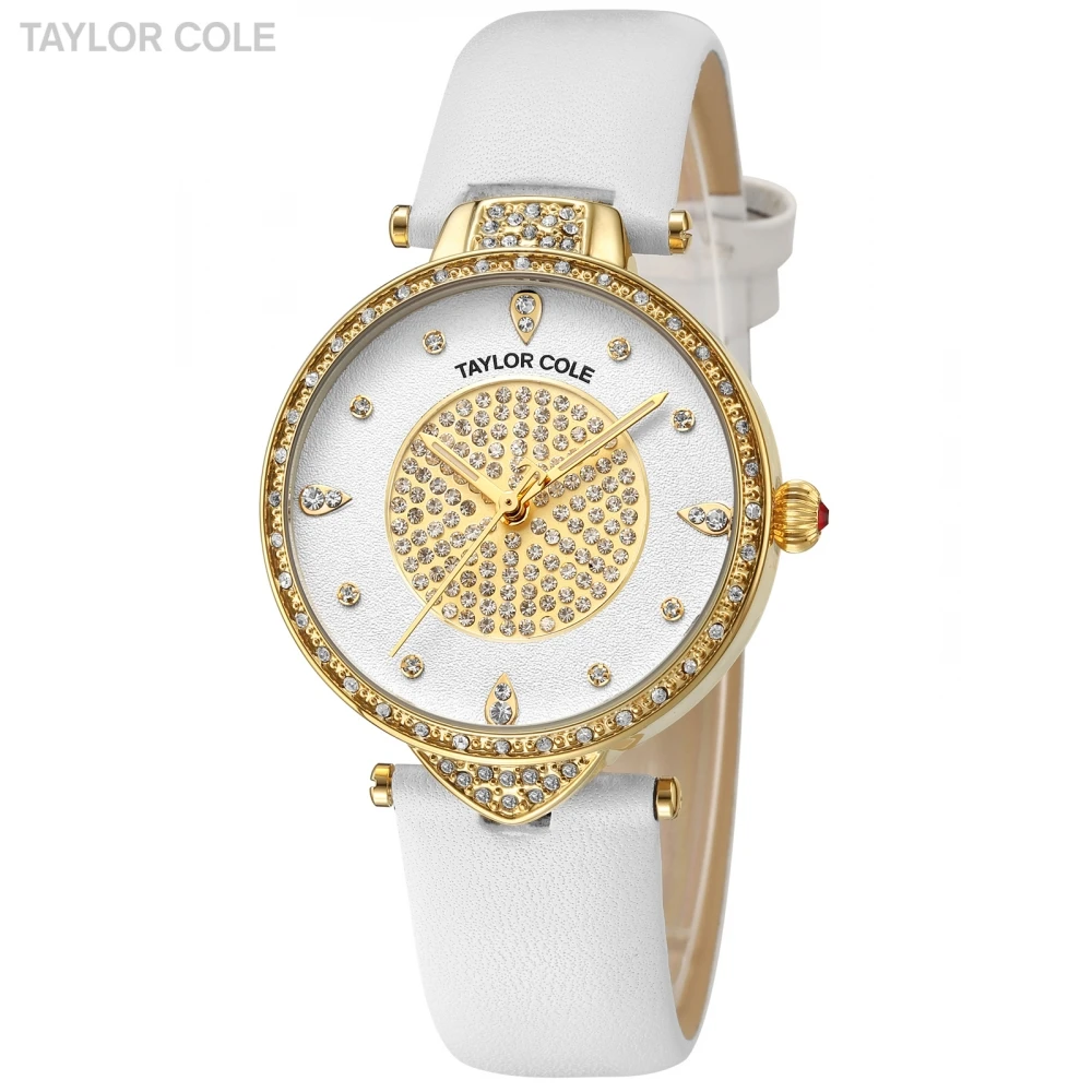 Новые золотые часы Taylor Cole женские модные чистый белый кожаный ремешок дамские