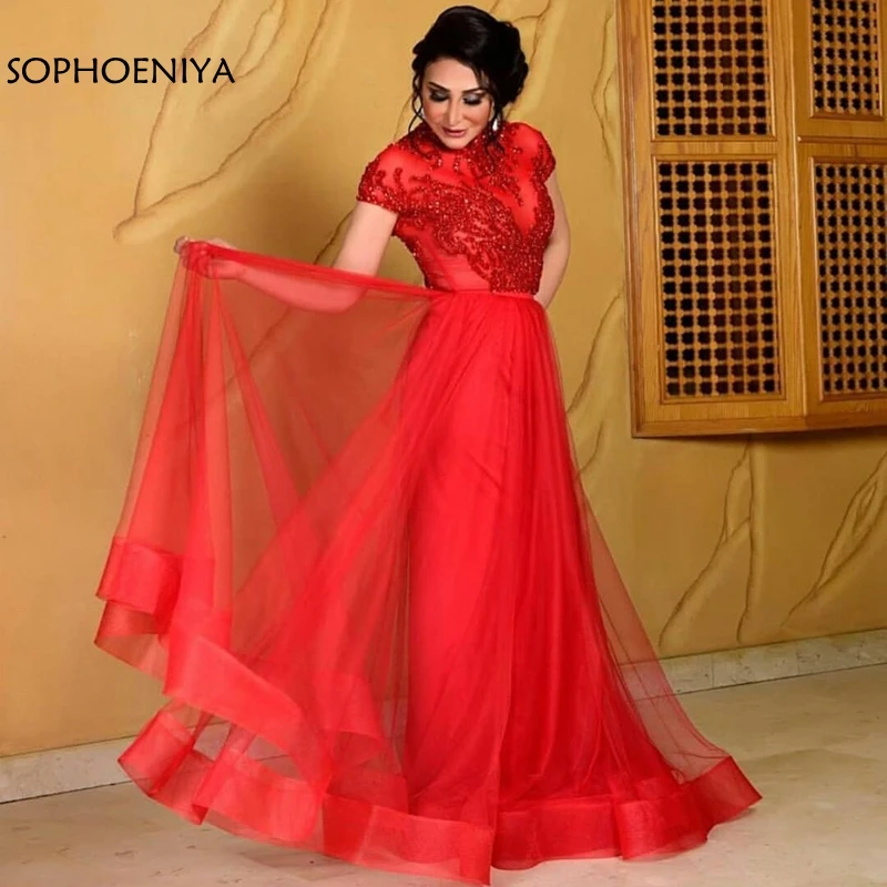 

New Arrival High Neck Red evening dresses Long Abiye gece elbisesi muslim evening dress Party Evening gowns robe soiree