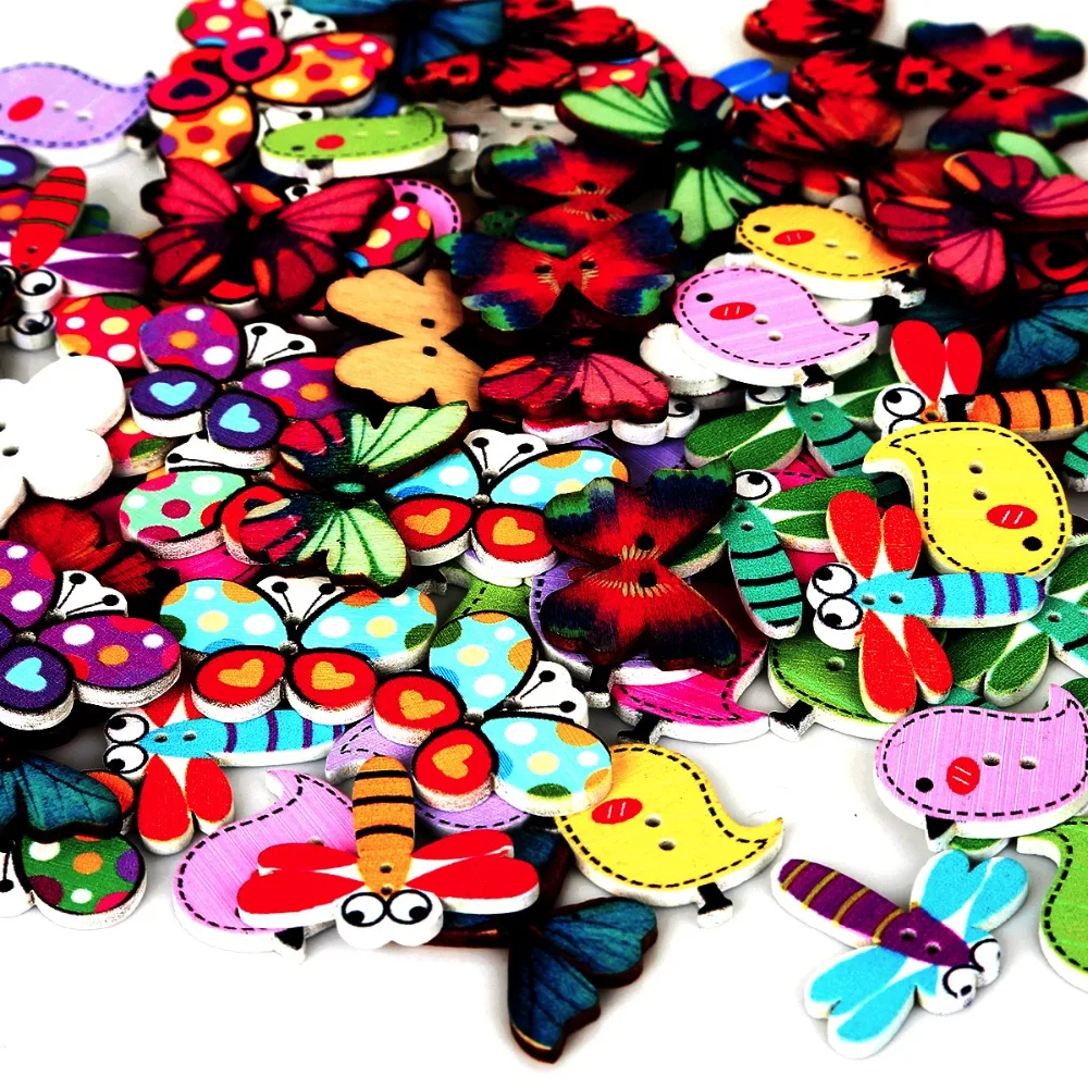 Новый 50 шт. 2 отверстия Смешанная бабочка птица Стрекоза деревянные пуговицы для
