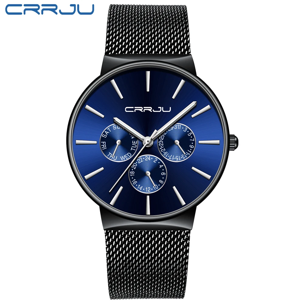 Crrju Fashion Watch Top Brand Luxury 24 Hour Week Date Men's Ultra Thin Men Stainless Steel Waterproof Clock | Наручные часы
