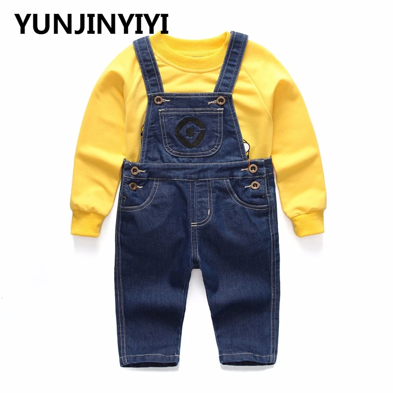 YUNJINYIYI/коллекция года; детский джинсовый комбинезон; джинсовые штаны+ блузка; комплект-двойка с длинными рукавами; Одежда для мальчиков; модный костюм; детская одежда с миньонами