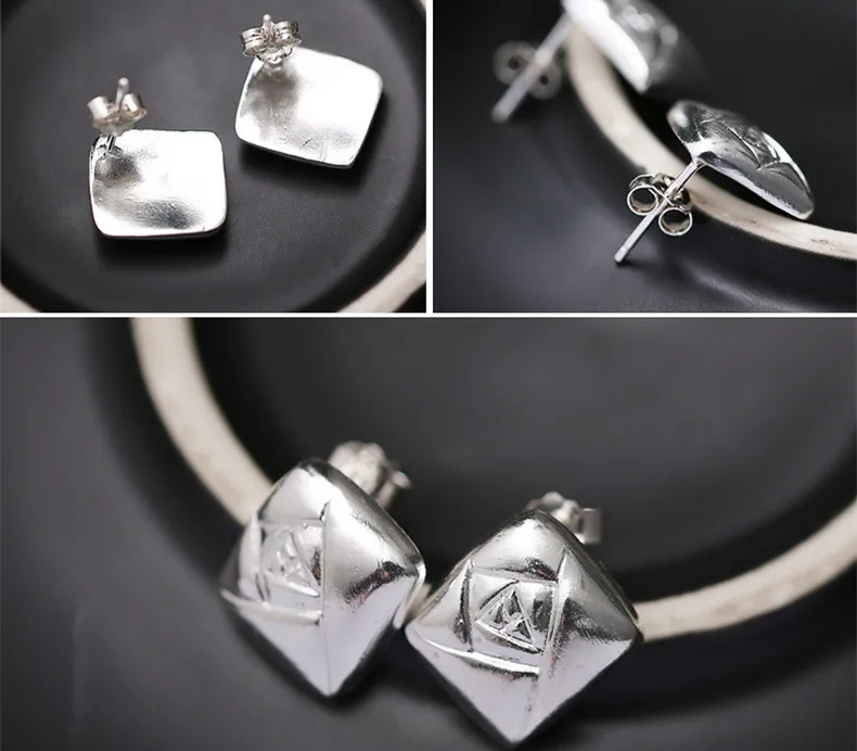 Uglyless Real S 990 Silver Square Studs for Women Handmade Engraved Rose Flower Stud Earrings MINI Size Geometric Brincos Bijoux | Украшения