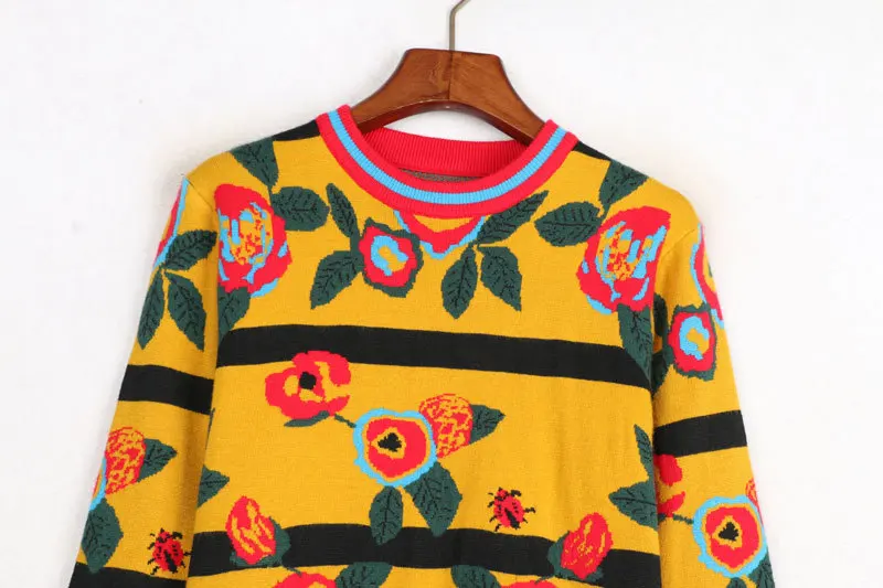 2018 Winter Vintage Floral Print Striped Sweater Pullovers Runway Designer Long Sleeve Female Christmas Jumper Clothing | Женская одежда
