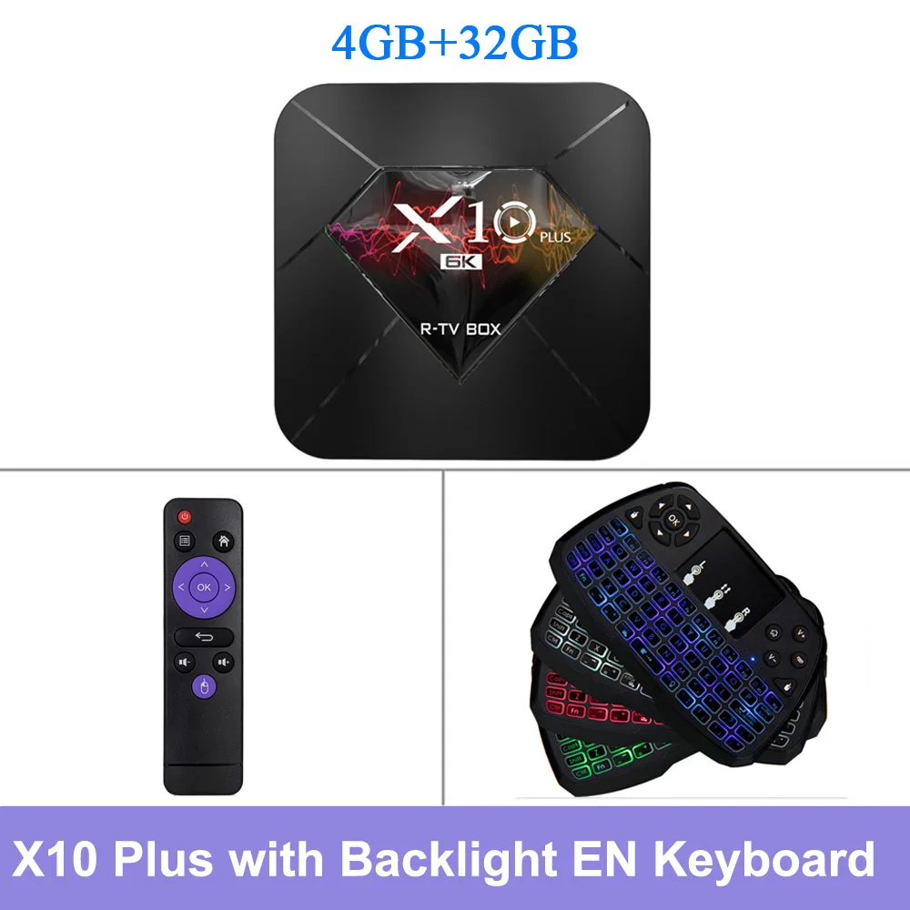 32Backlit ENkeyboard R-TV BOX Smart TV Box X10 PLUS Android 9.0 Allwinner H6 4K Media Player 4GB RAM 32GB ROM 2.4G WiFi USB3.0 H.265 VP9 Set Top Box - Color: 32Backlit ENkeyboard